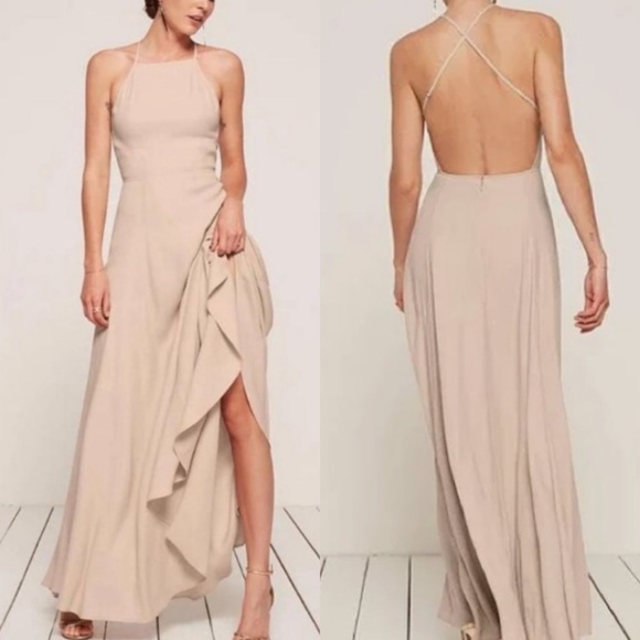 Reformation Dresses & Skirts - Reformation champagne myrtle open back Fitted maxi gown